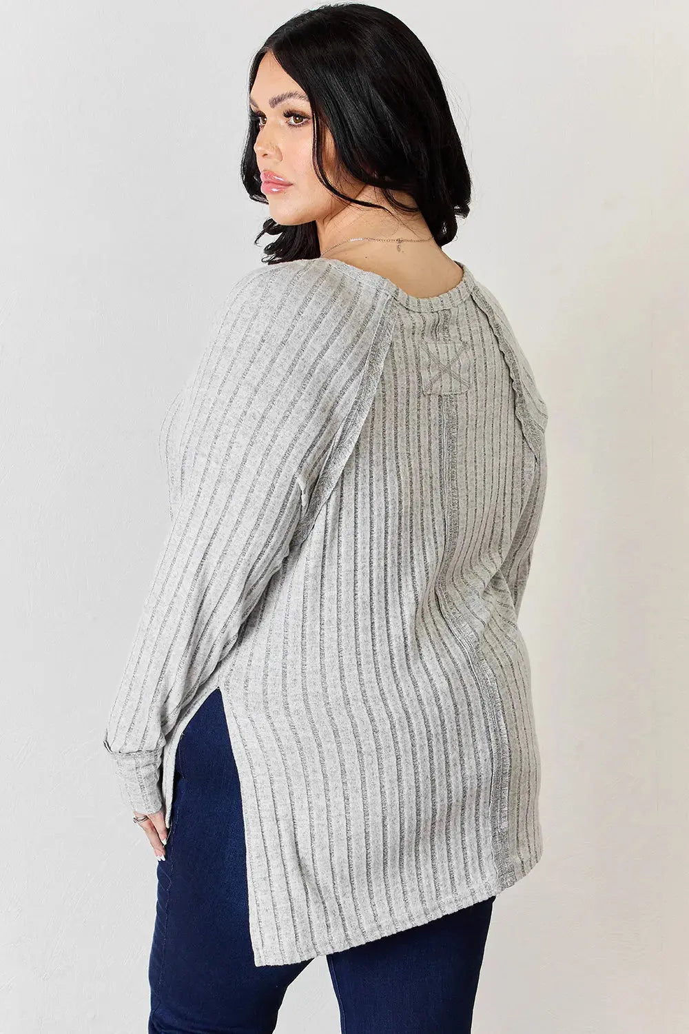 Basic Bae Ribbed Round Neck Slit Womens Long Sleeve T Shirt – Full & Plus Size