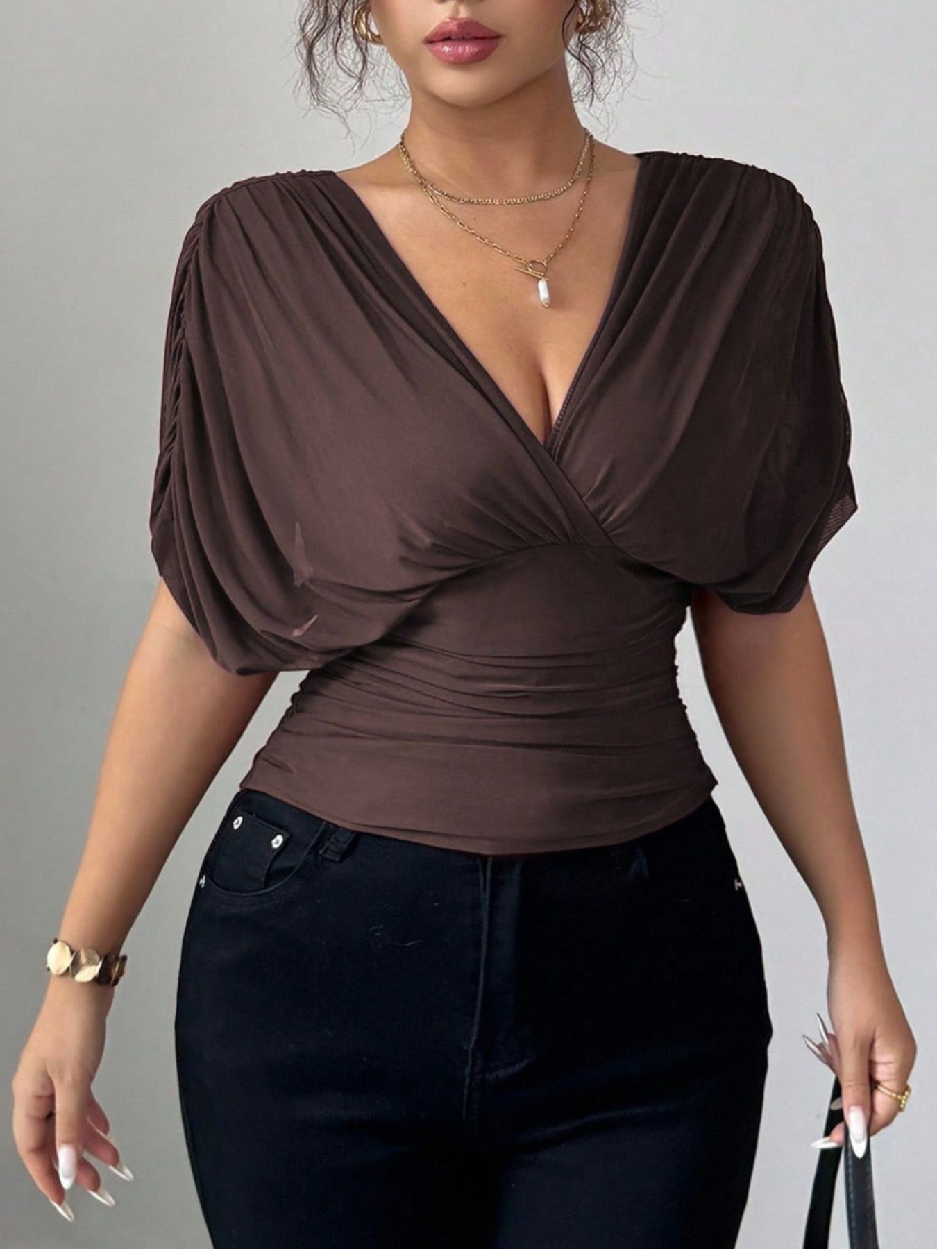 Ruched Surplice Short Sleeve Top