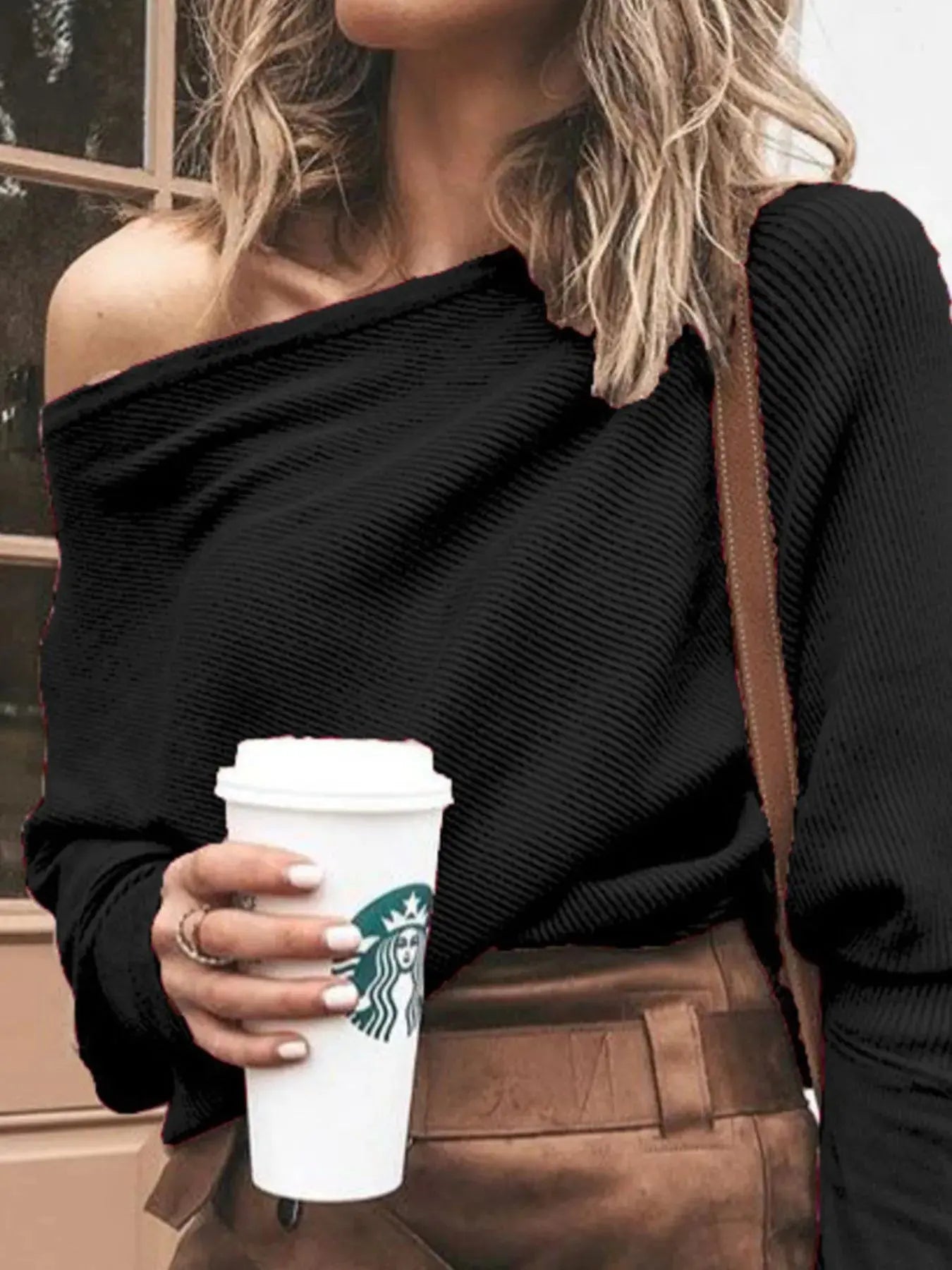 Full Size Ribbed One Shoulder Sweater