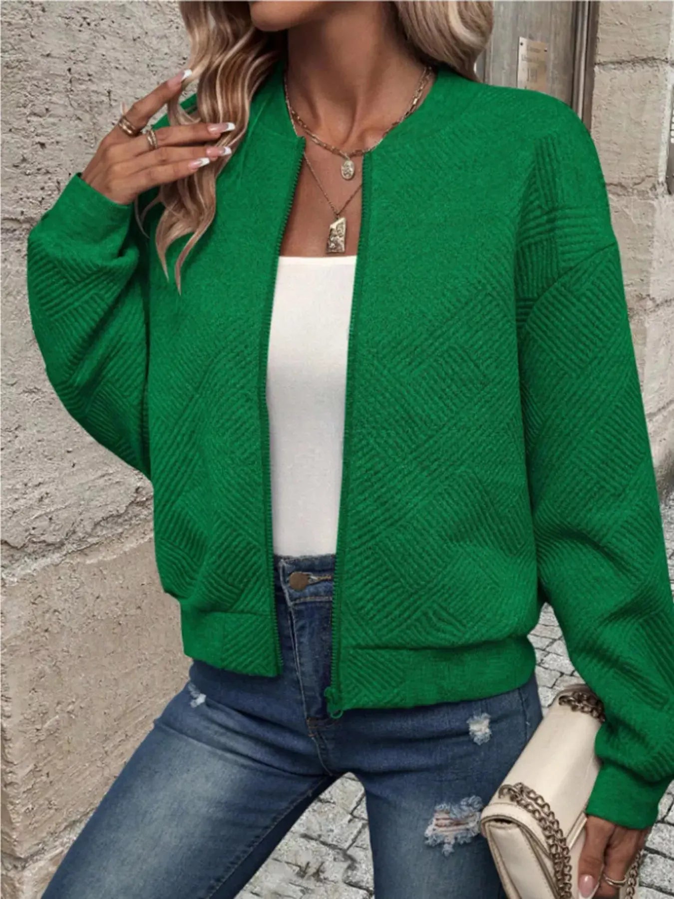 Texture Zip Up Bomber Jacket