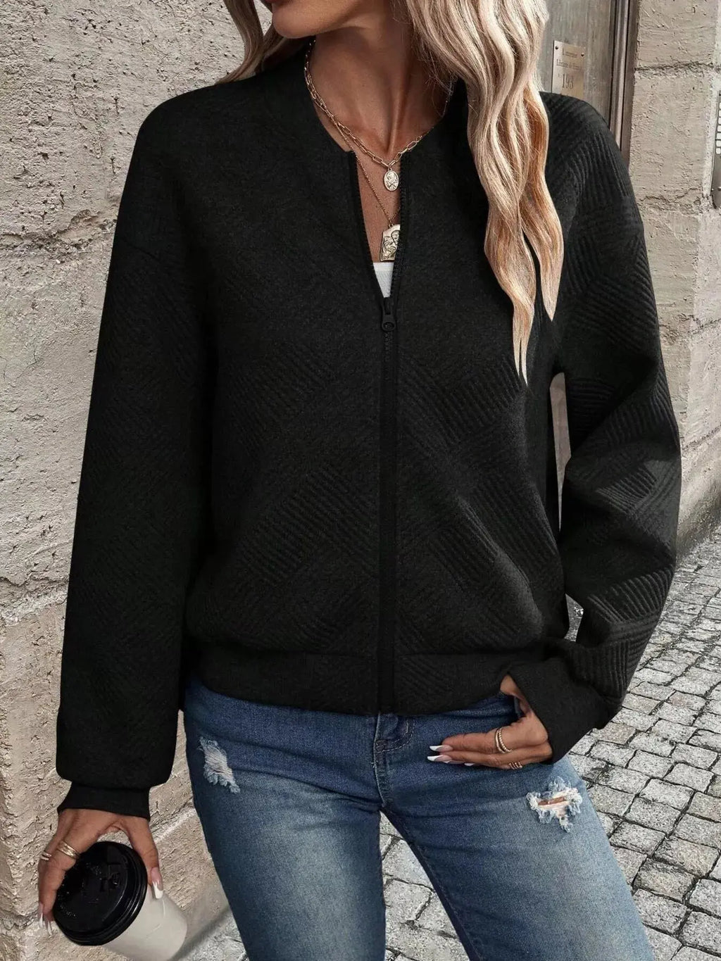 Texture Zip Up Bomber Jacket