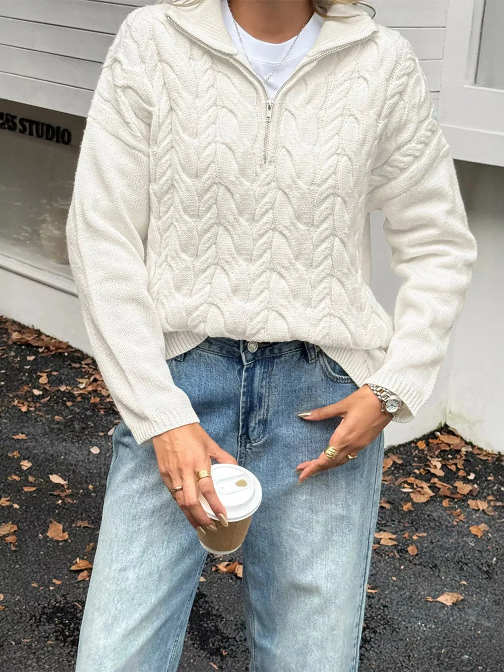 Zip Collar Cable Knit Sweater