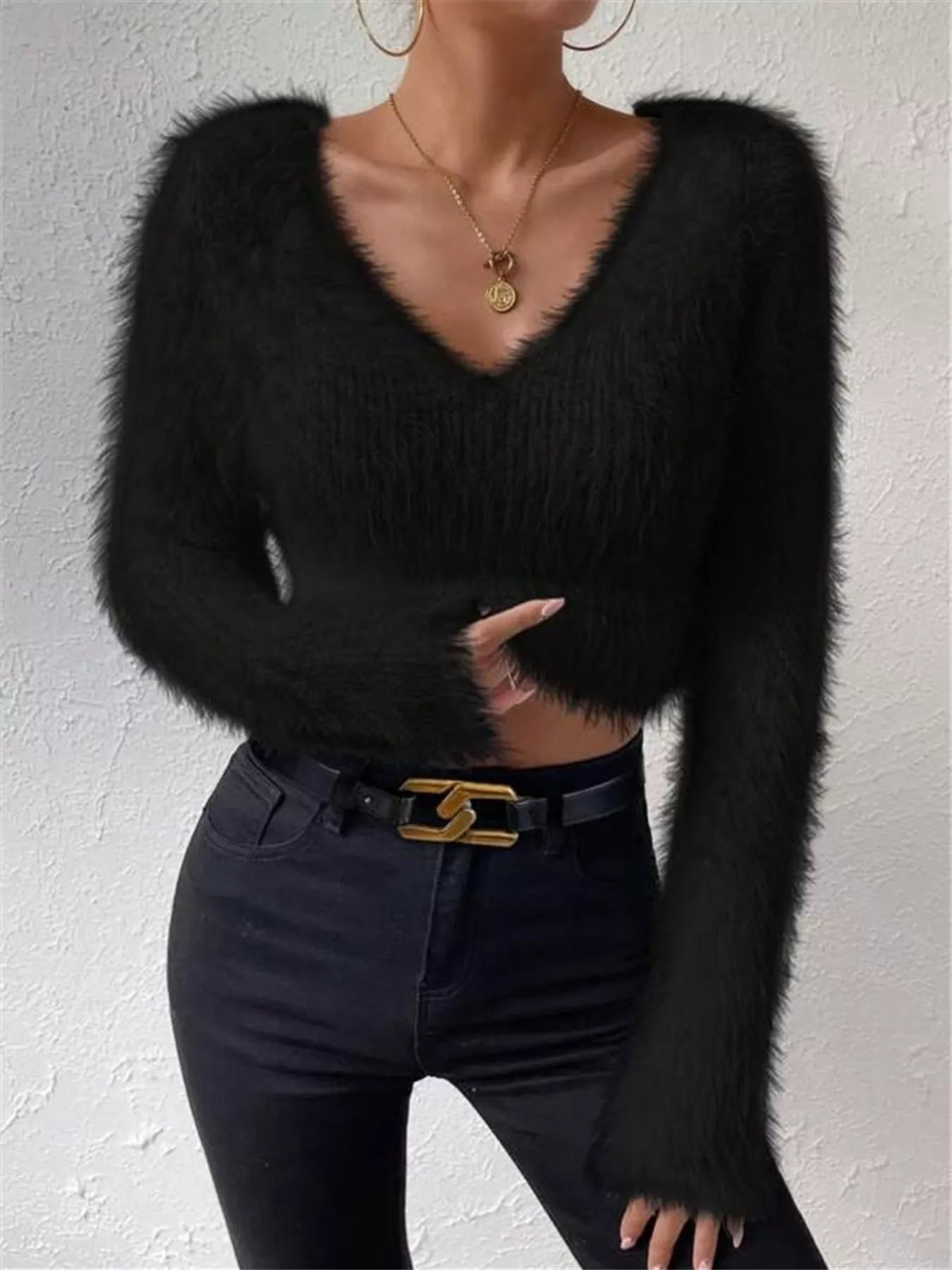 Fluffy Knit V Neck Sweater