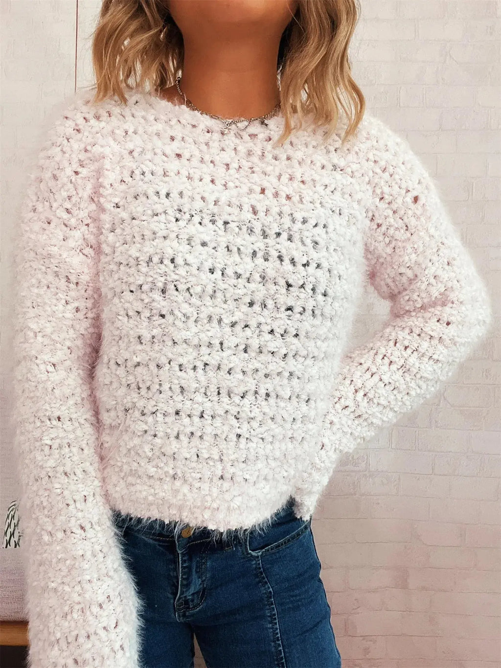 Crochet Dropped Shoulder Round Neck Sweater