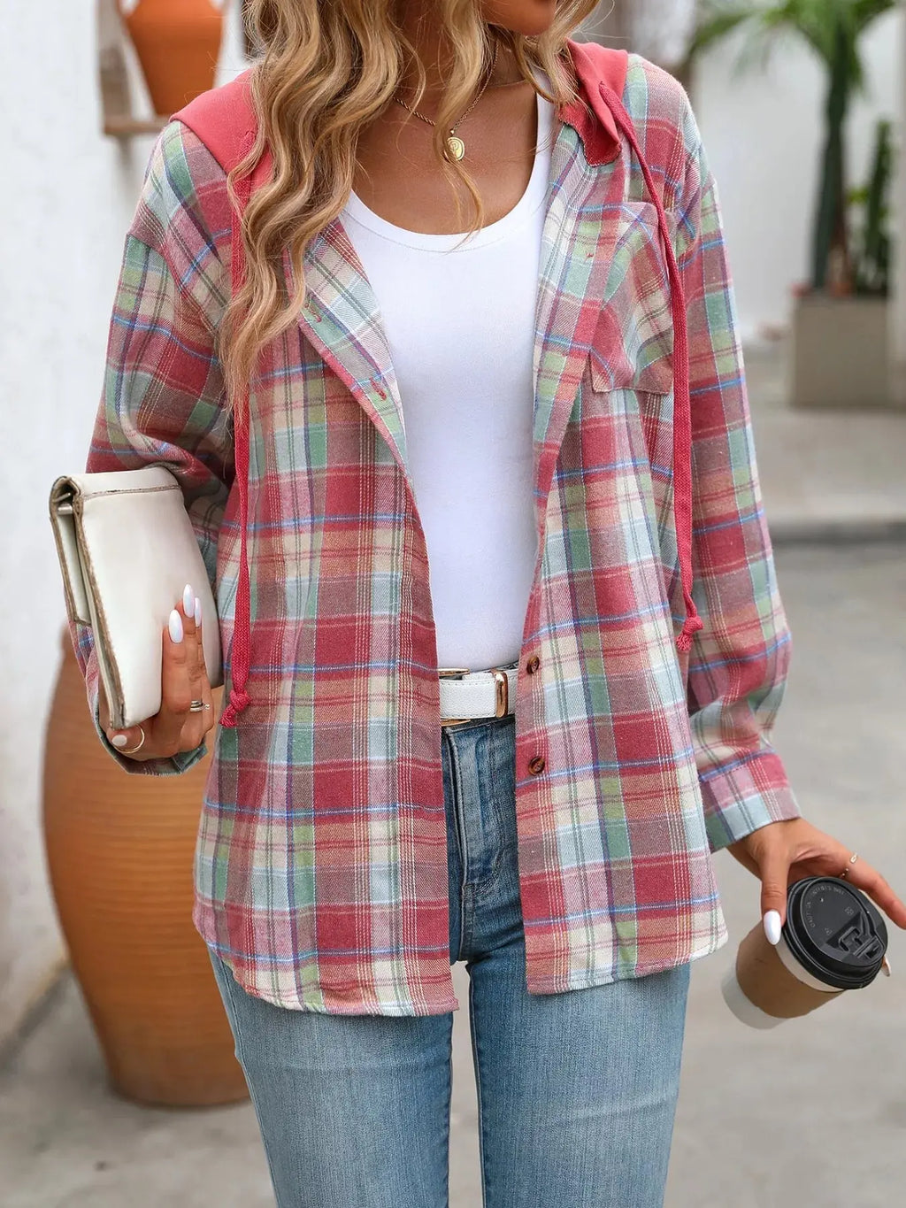 Plaid Button-Up Oversized Hooded Shirt with Chest Pocket