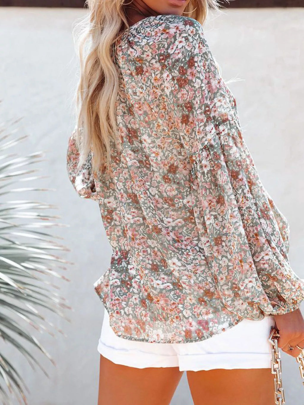 Full Size Floral Print V Neck Long Sleeve Blouse