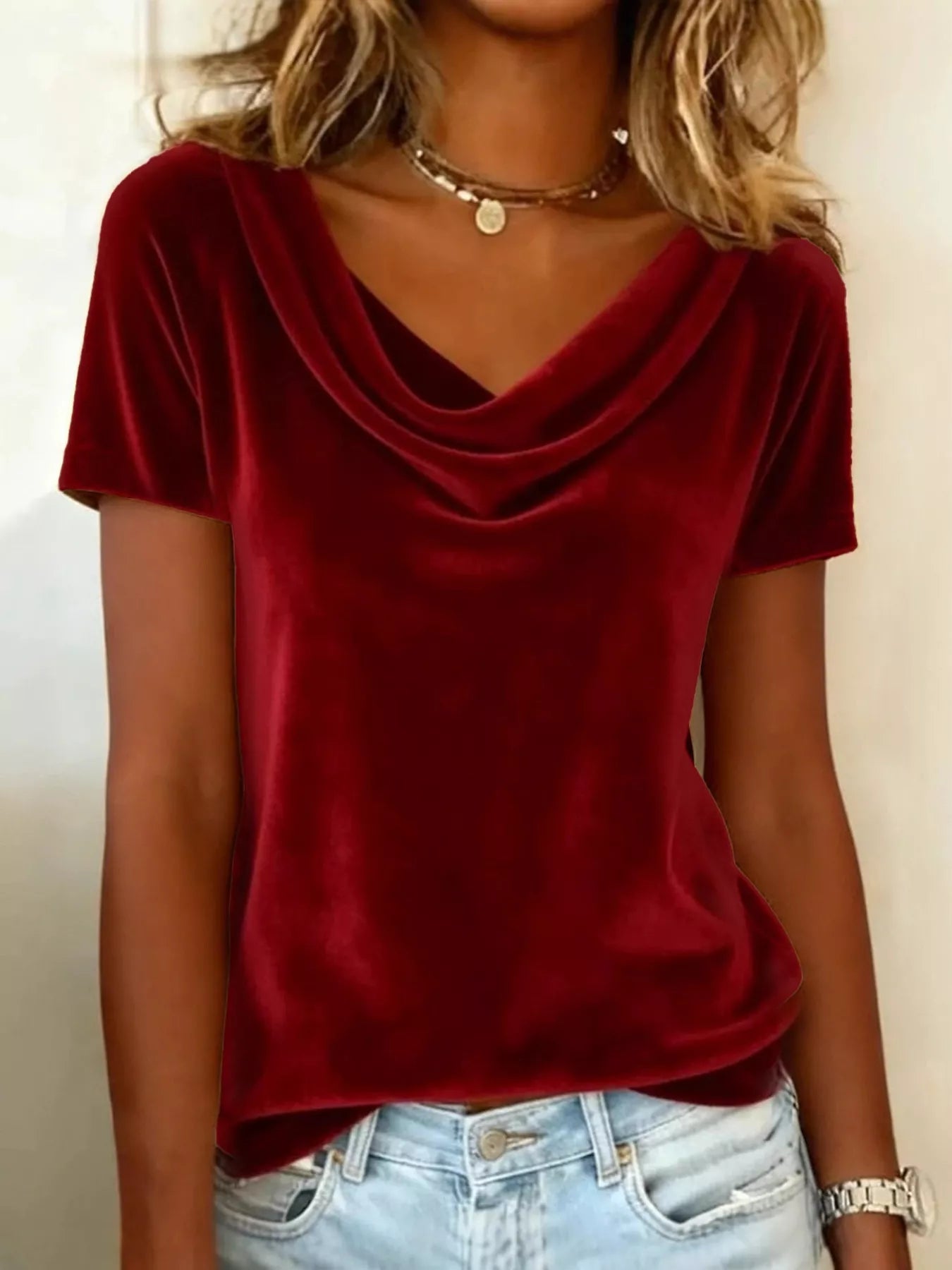 Velvet Cowl Neck Short Sleeve Top