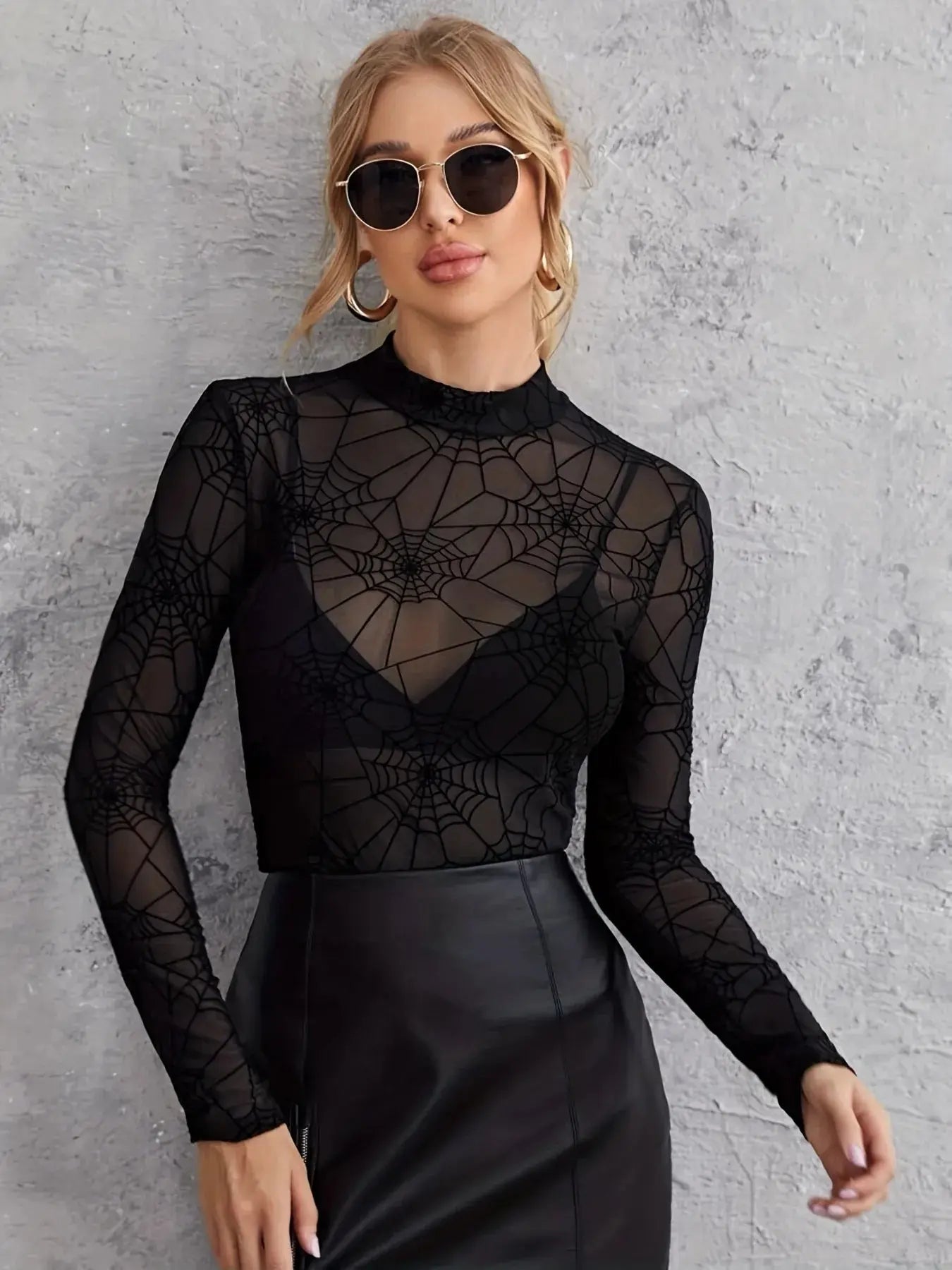 Spider Web Print Mesh Long Sleeve Blouse