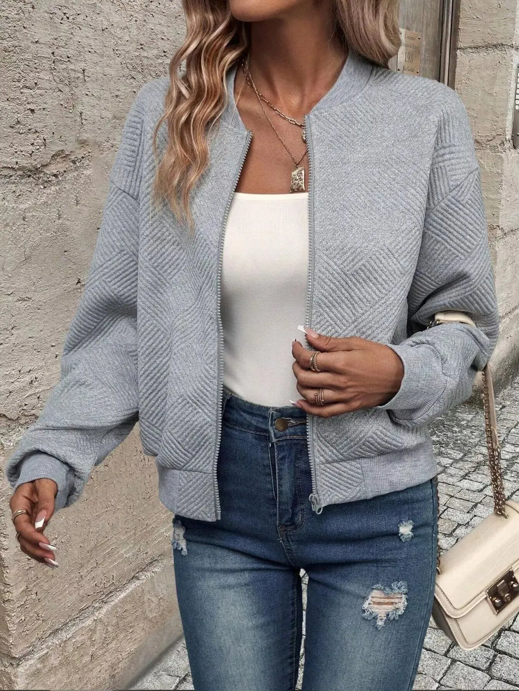 Texture Zip Up Bomber Jacket