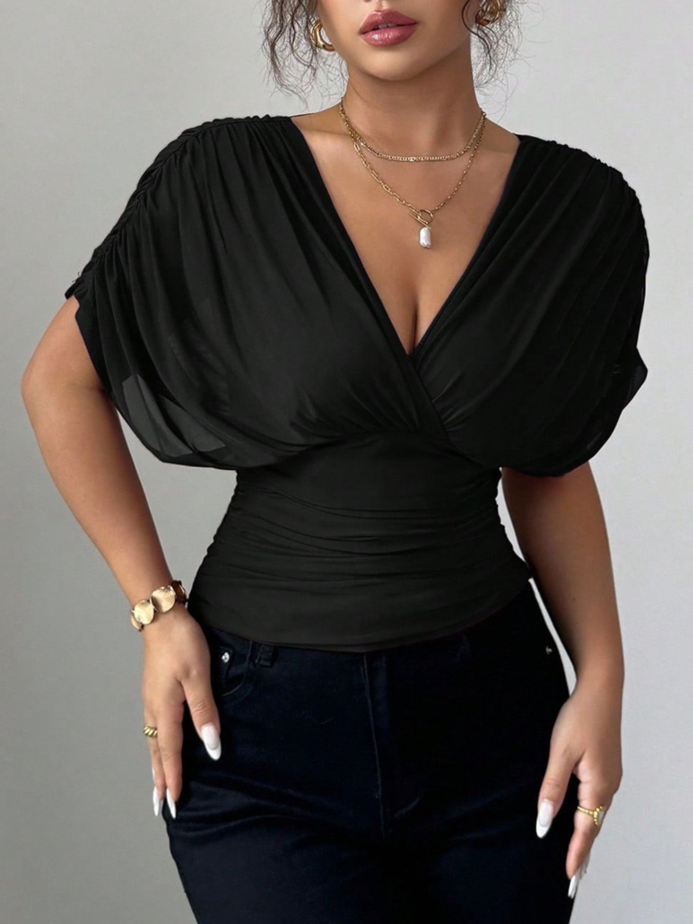 Ruched Surplice Short Sleeve Top
