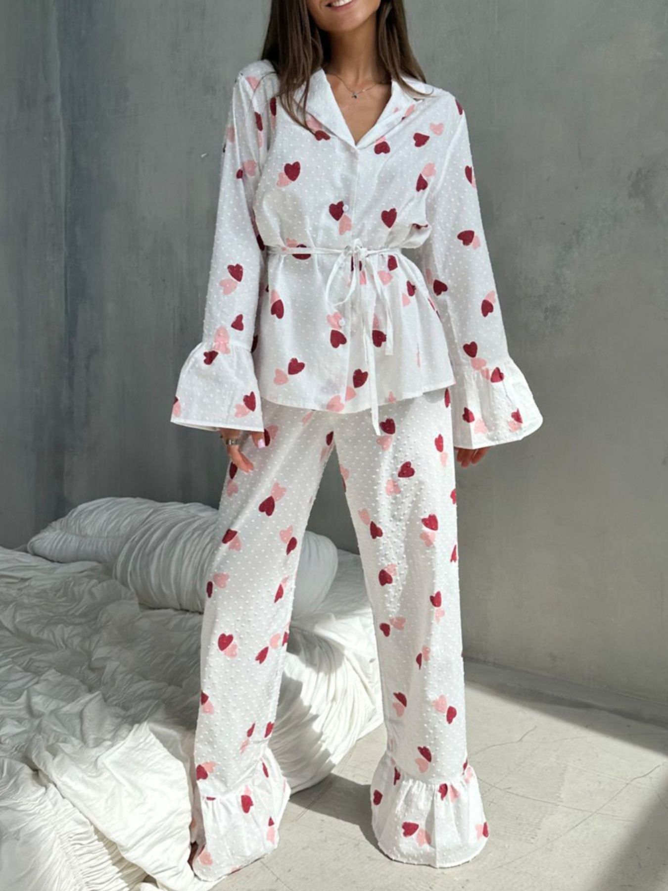 Heart Print Ruffle Trim Button-Up Cotton Lounge Set