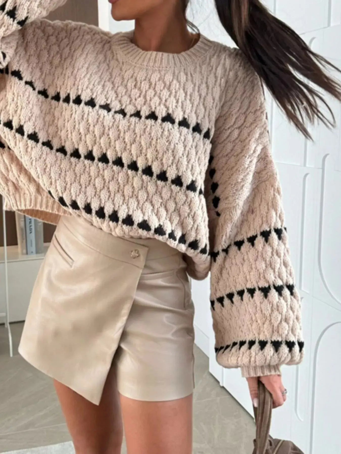 Striped Chunky Knit Sweater with Balloon Sleeves