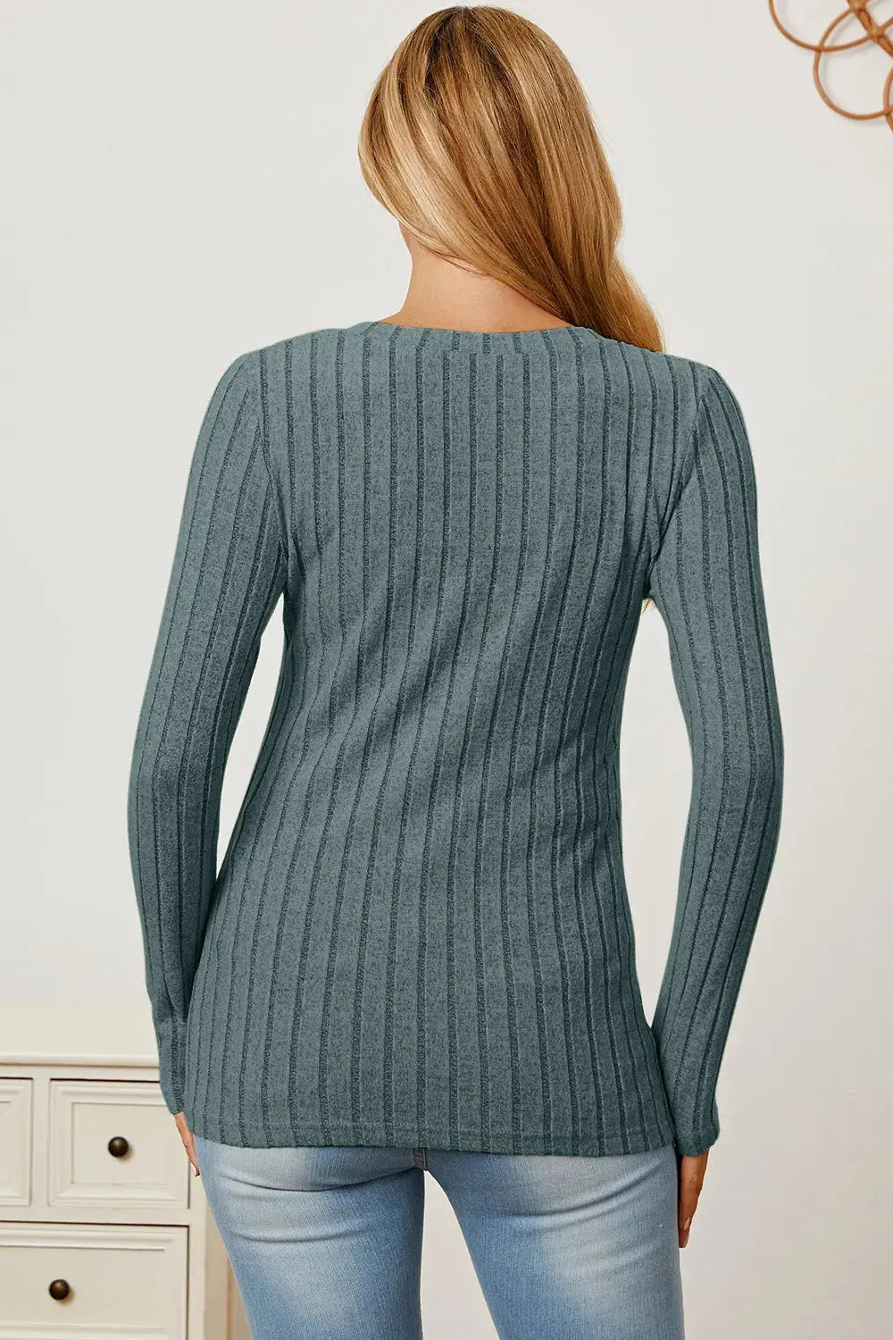 Basic Bae Full Size Ribbed V-Neck Long Sleeve T Shirt for Women