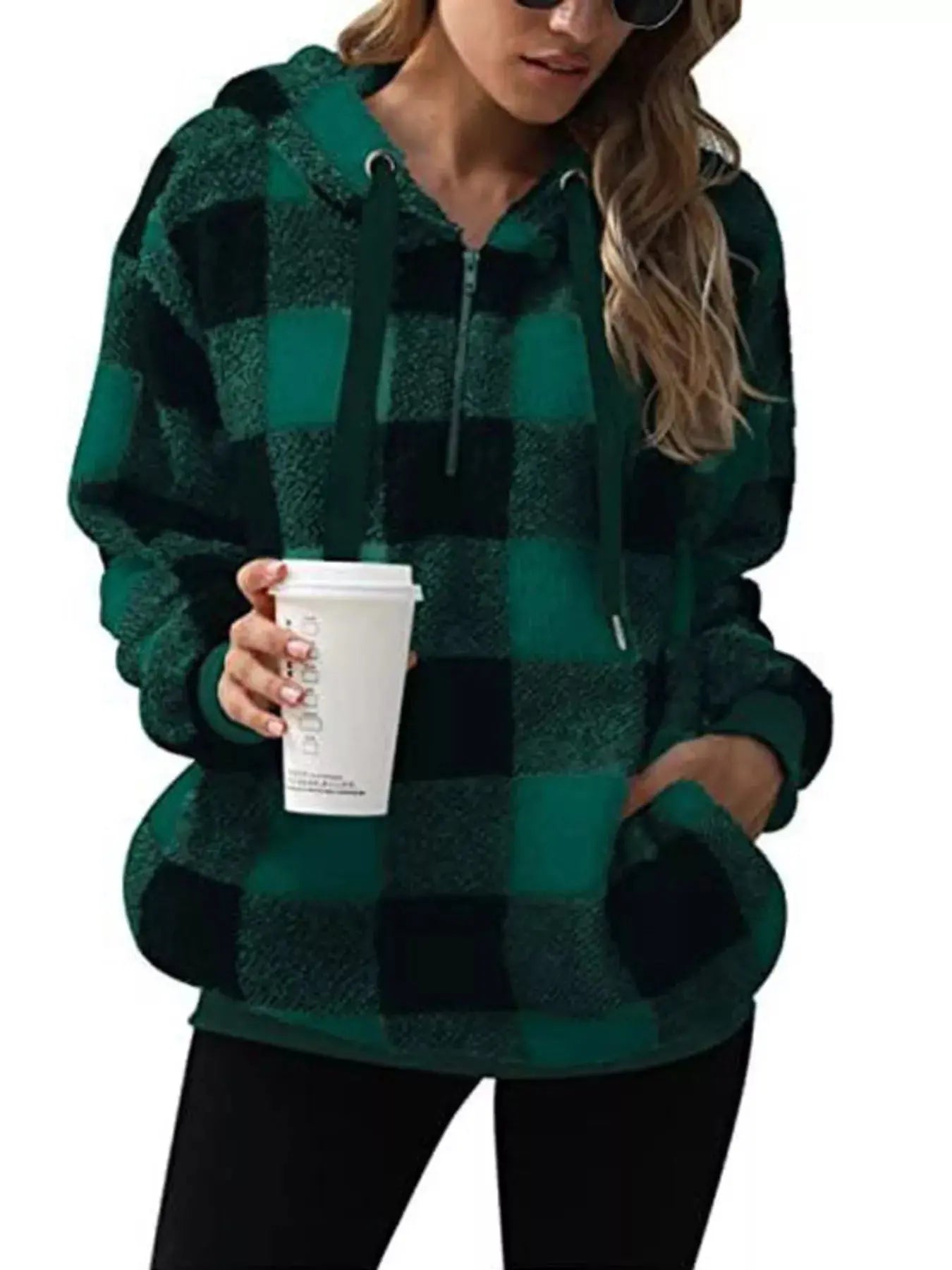 Plus Size Plaid Drawstring Sherpa Hoodie