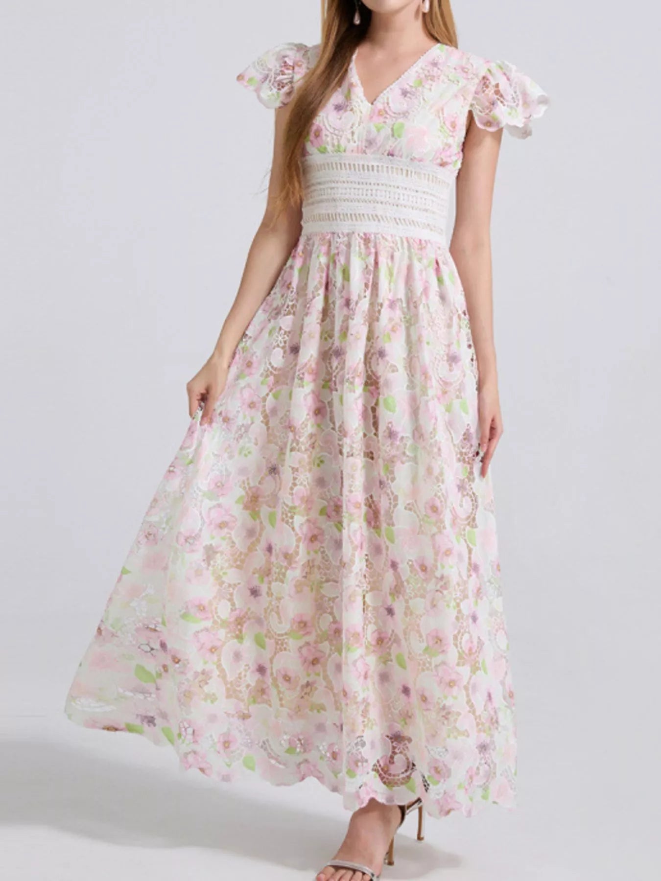 Printed V-Neck Ruffle Sleeve Midi Dress