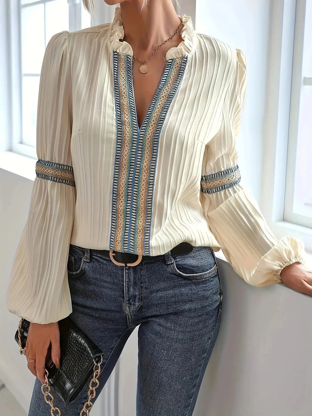 Textured Notched Balloon Sleeve Elegant Blouse