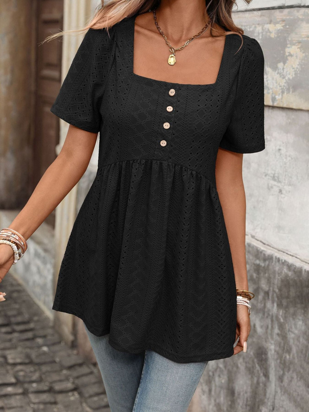 Women's Eyelet Square Neck Babydoll Short Sleeve Top
