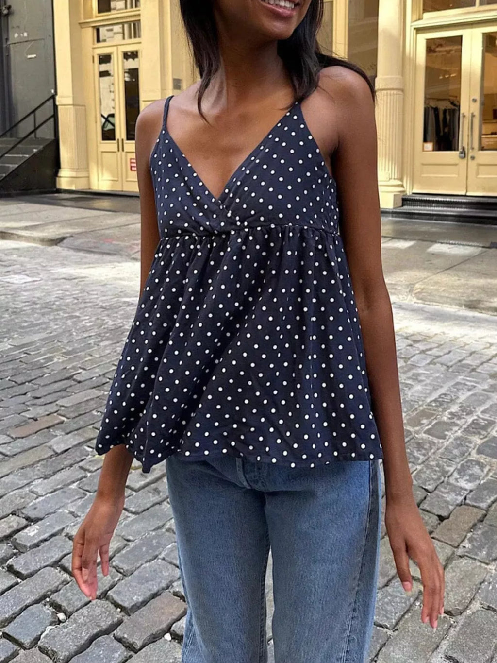 Polka Dot Flowy V Neck Cami Top
