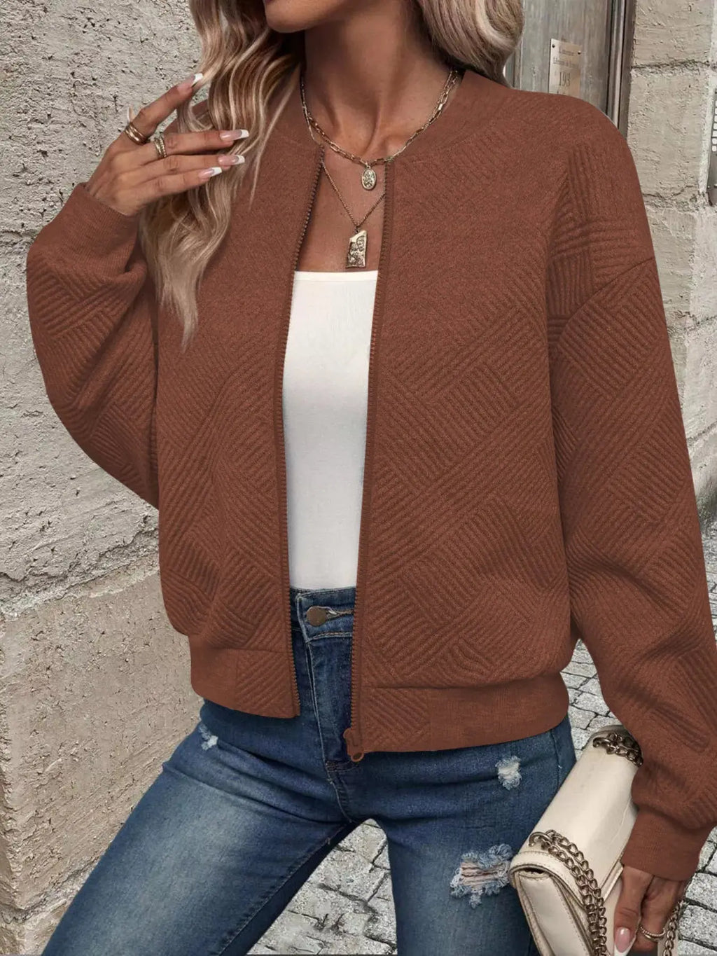 Texture Zip Up Bomber Jacket