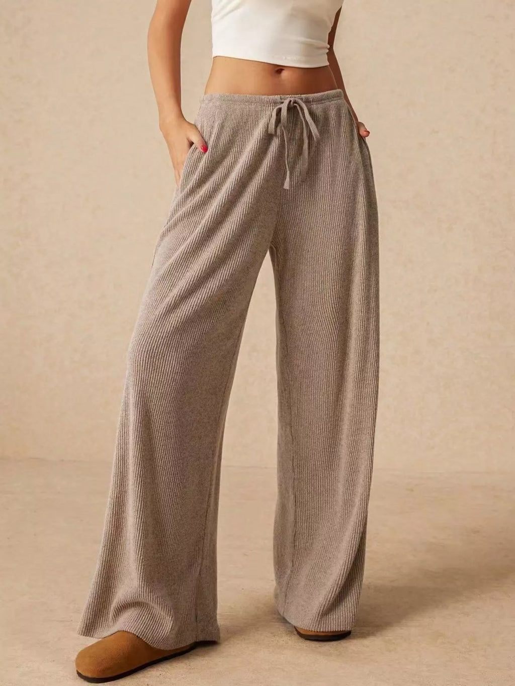 Ribbed Drawstring Wide Leg Pants