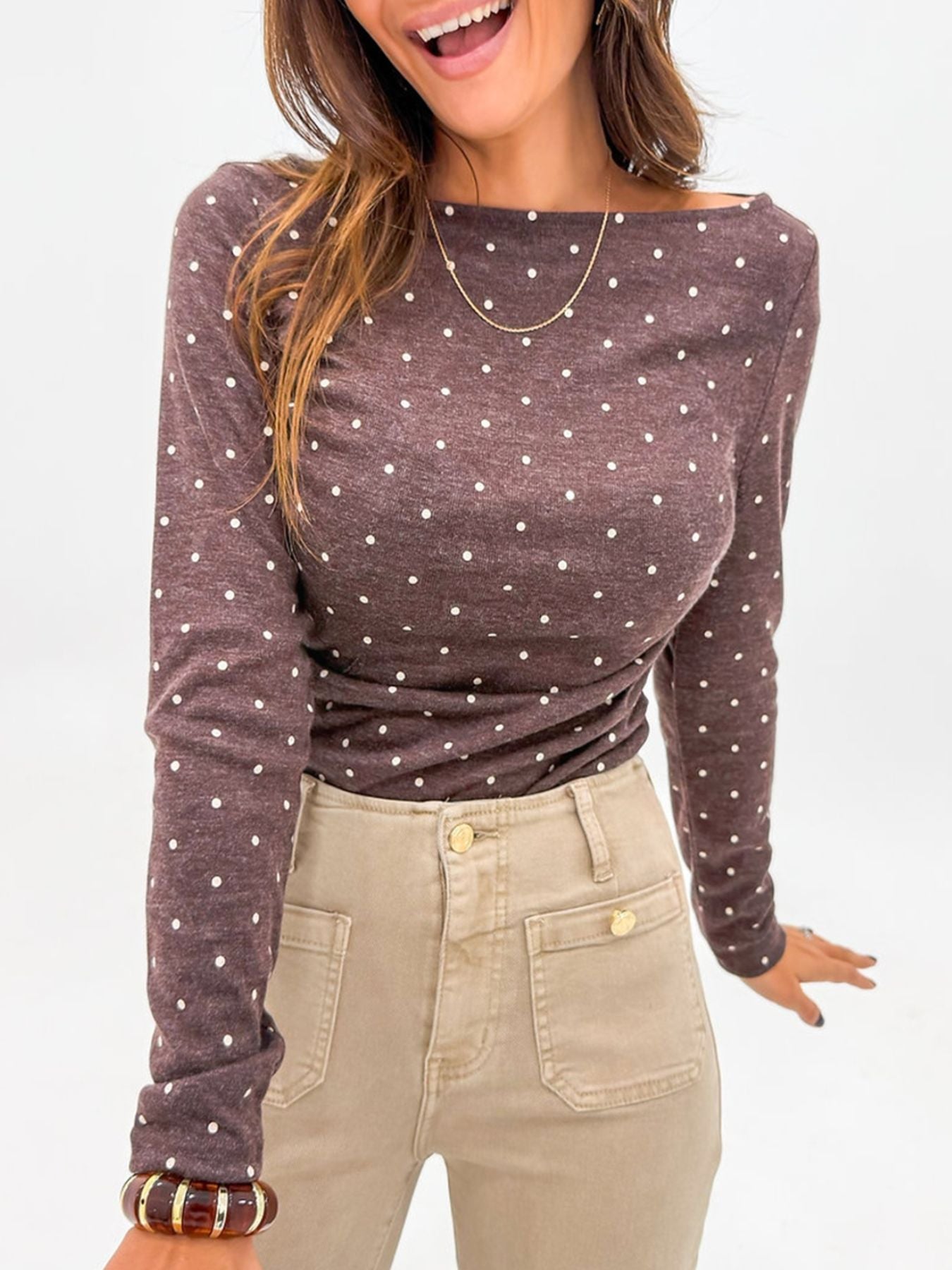 Polka Dot Boat Neck Knit Long Sleeve Shirt