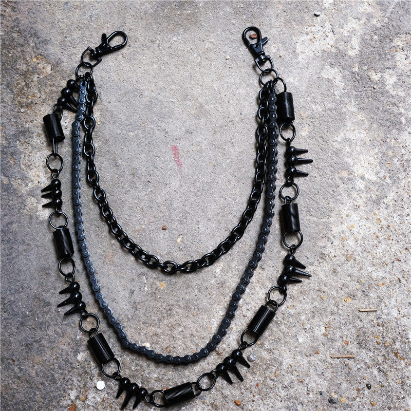 Black bicycle chain spring spiked three-layer metal trouser chains