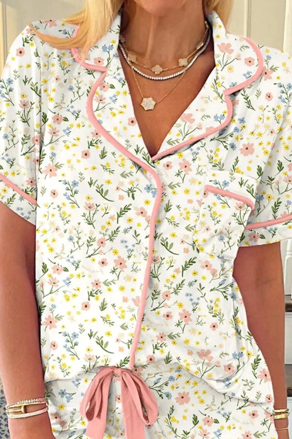 Cherry Bow Print Button Up Womens Loungewear Set