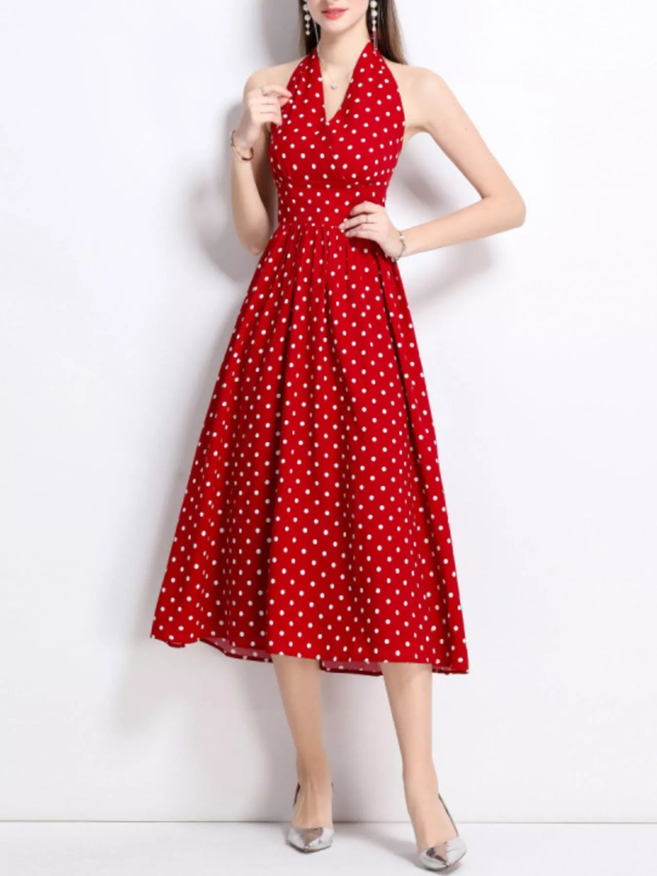 Polka Dot Halter Neck Midi Dress