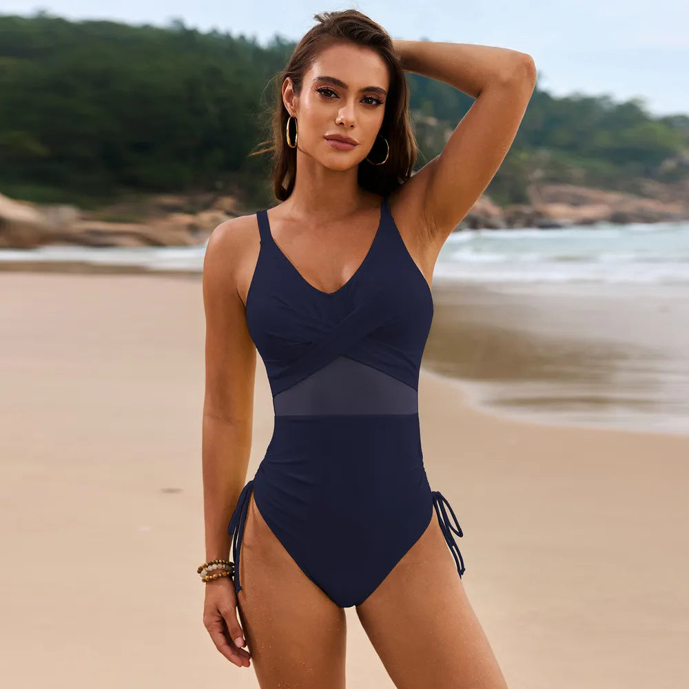 Drawstring Ruched V Neck One Piece Swimsuit