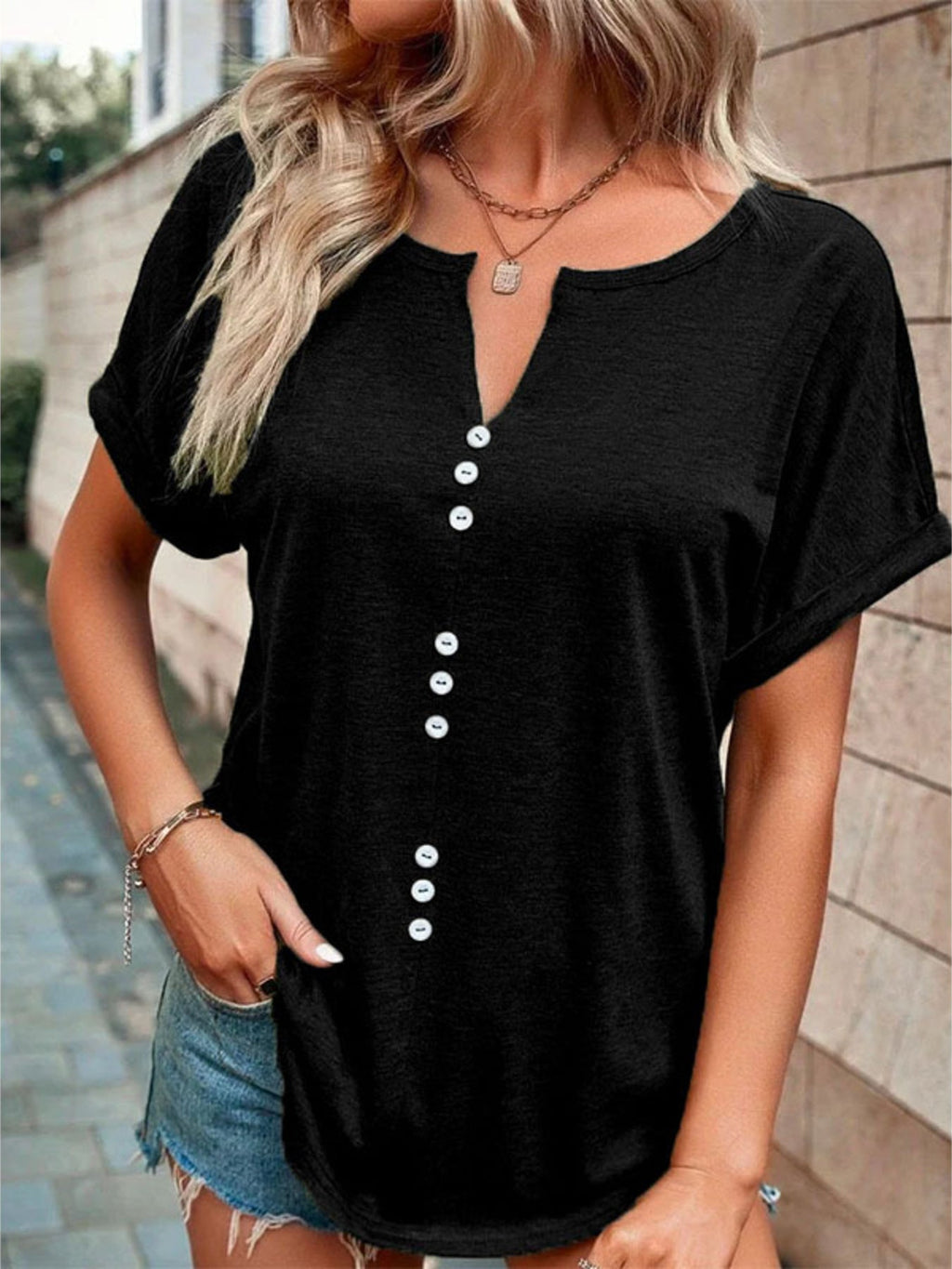 Full Size Decor Button Short Sleeve T Shirt