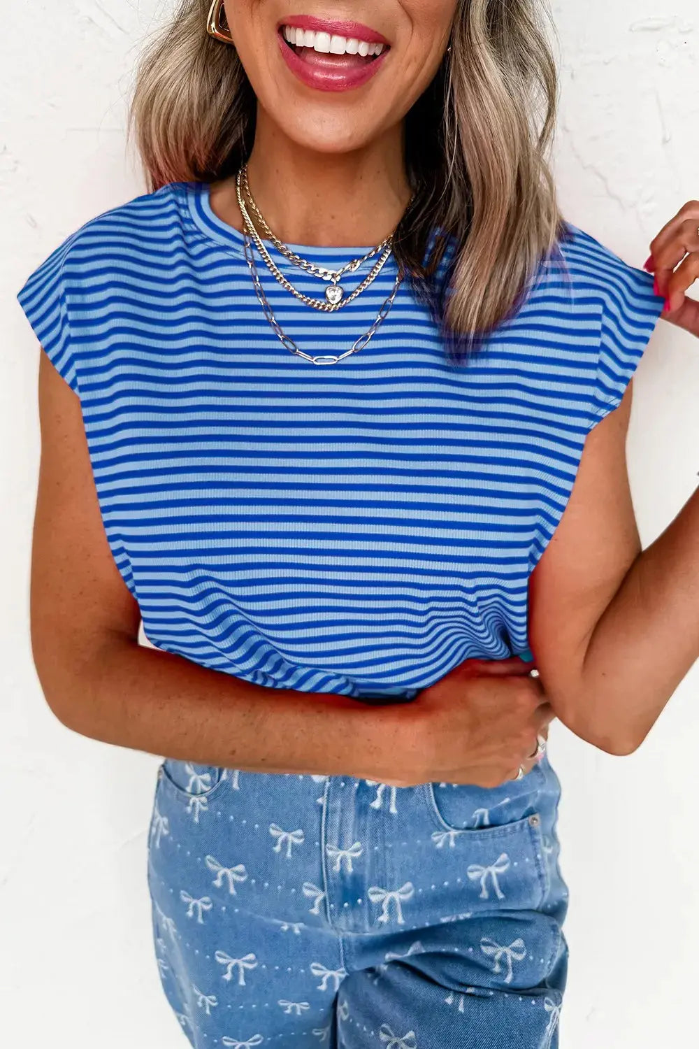 Striped Round Neck Cap Sleeve Slim Fit T Shirt