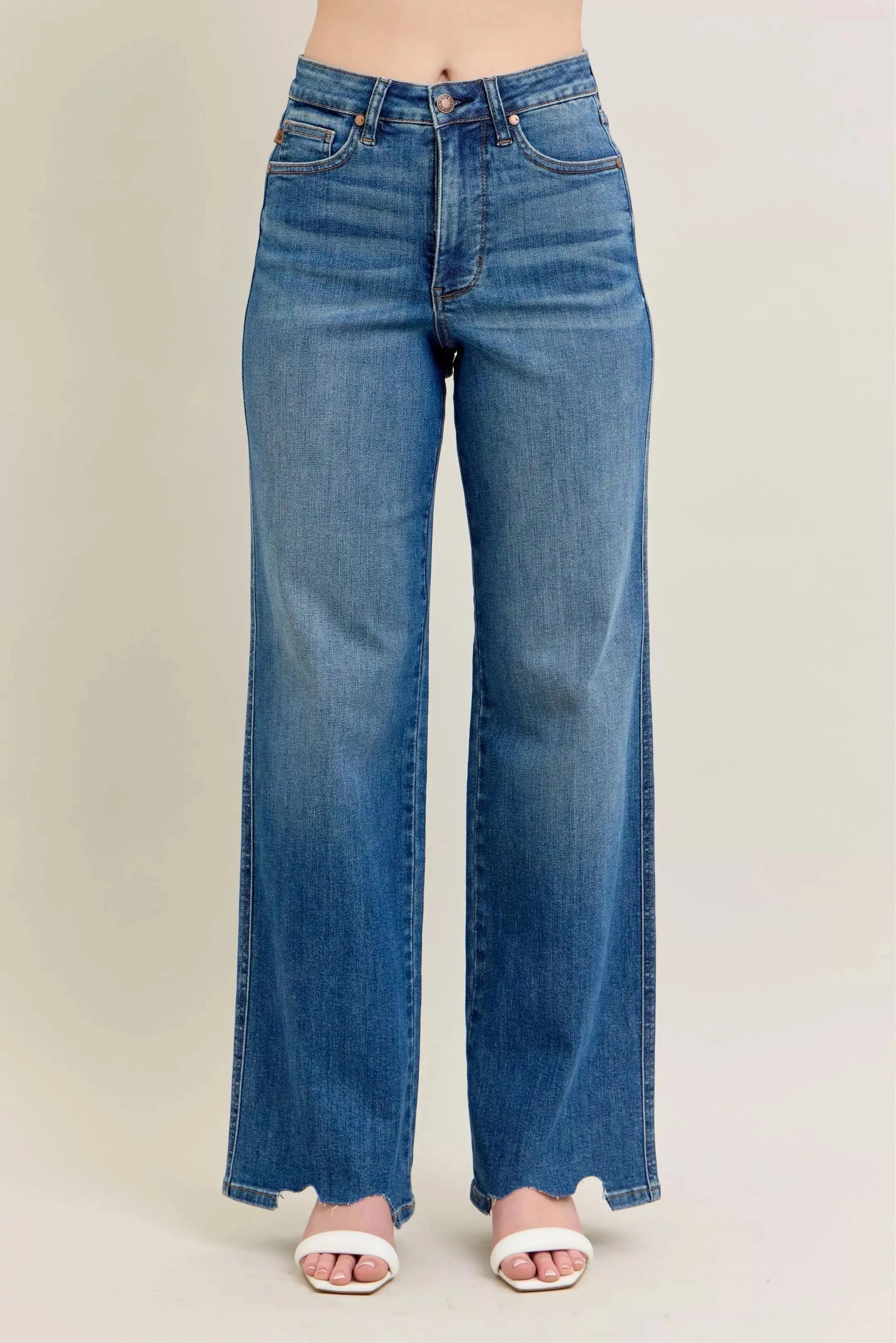 Judy Blue Full Size High Waist Tummy Control Destroy Wide Leg Jeans with Chew Hem