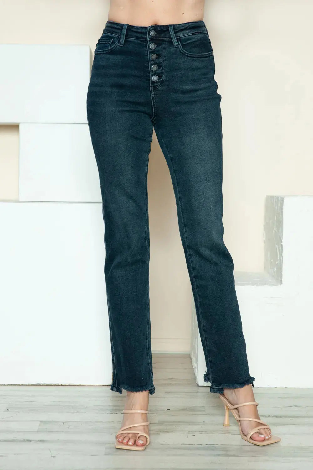 Plus Size Button Fly Hem Destroy Straight Leg Judy Blue Jeans