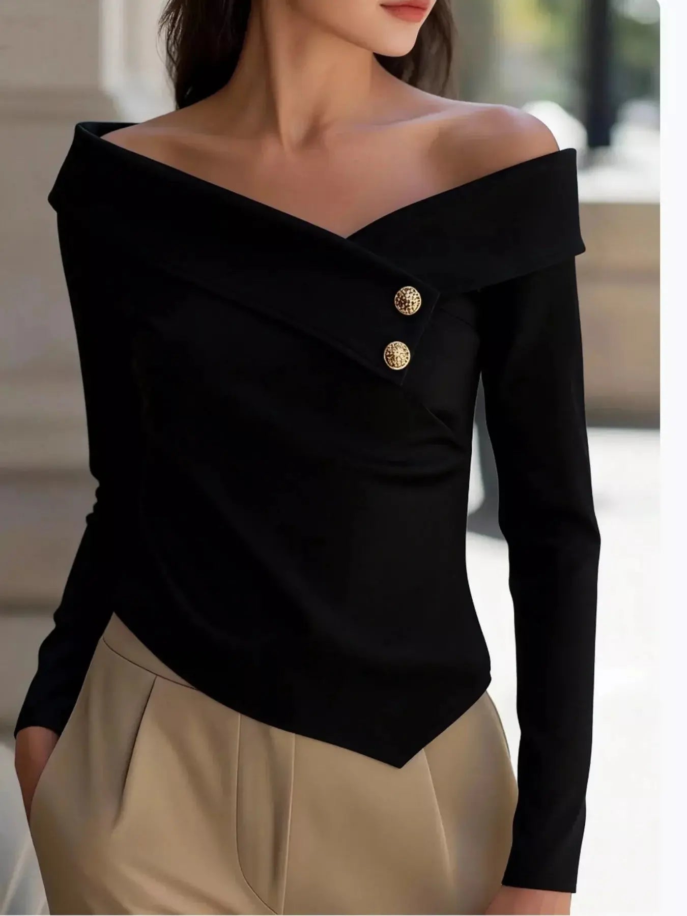 Decorative Button Off Shoulder Blouse