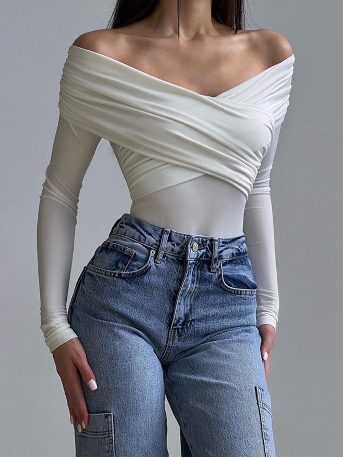 Off-Shoulder Ruched Long Sleeve Bodysuit