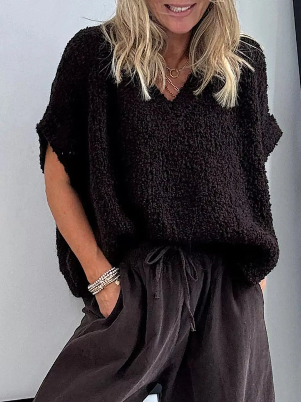 Textured Knit V Neck Sweater