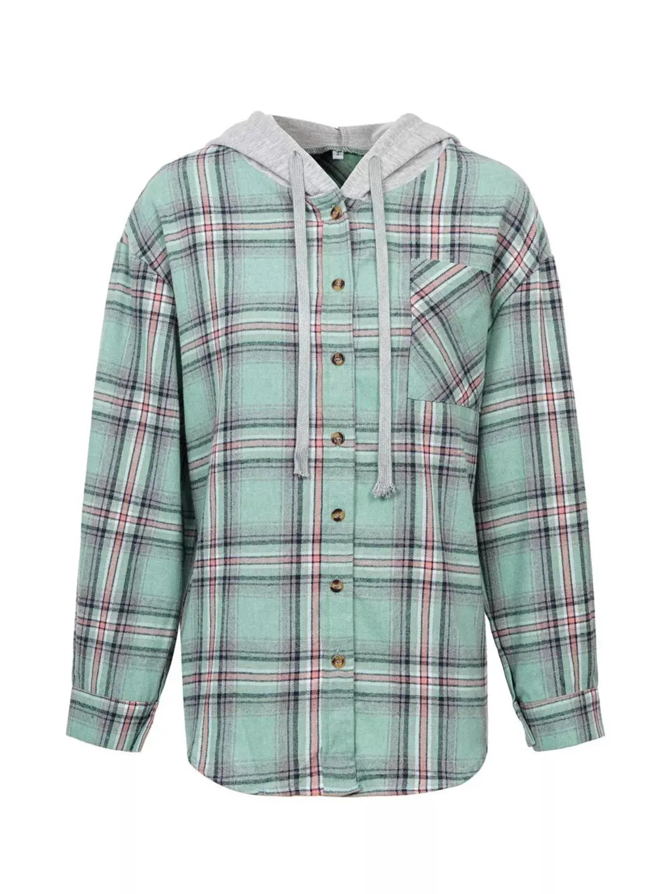 Plaid Button-Up Oversized Hooded Shirt with Chest Pocket