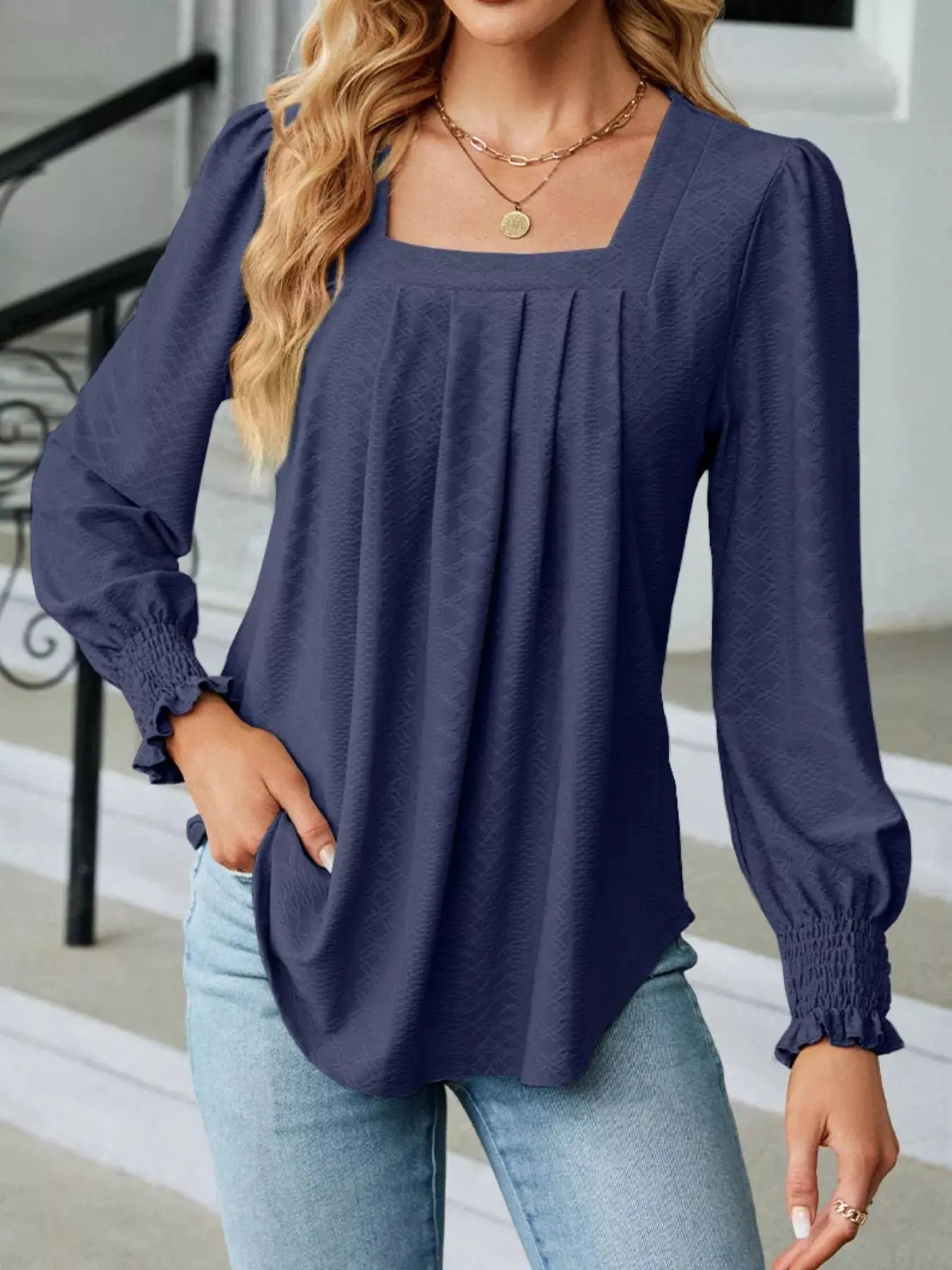 Pleated Square Neck Long Sleeve Top