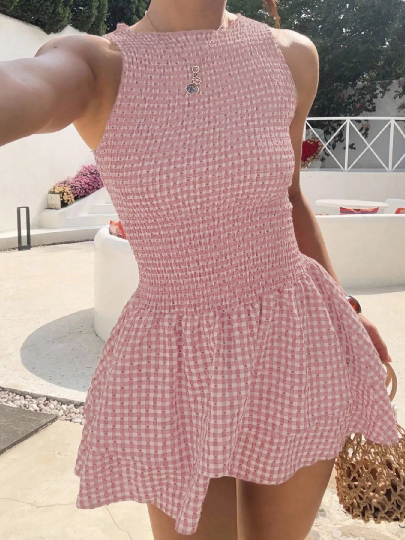 Smocked Gingham Mini Dress