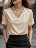 V-Neck Short Sleeve Satin Blouse