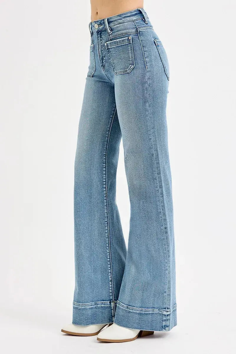 High Waist Wide Flare Patch Pocket RISEN Jeans – Full Size