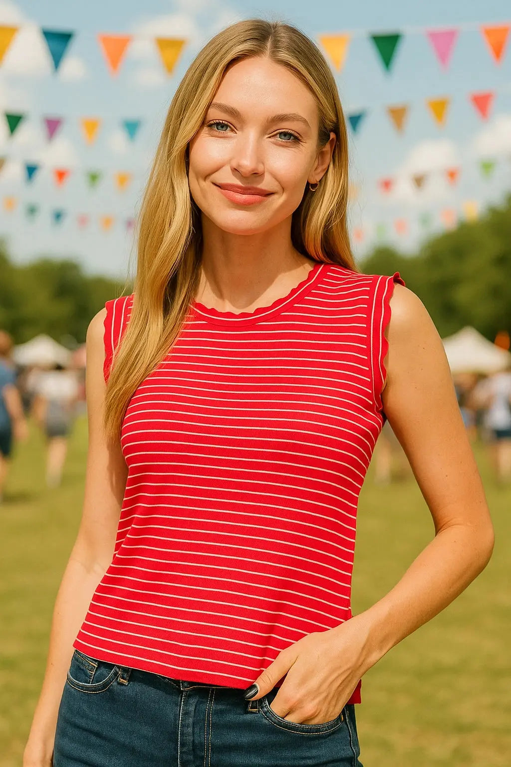 Zenana Ruby Ribbed Ruffle Trim Striped Sleeveless Tank Top for Women