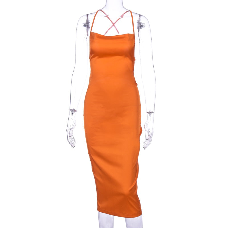 neon satin lace up 2022 summer women bodycon long midi dress sleeveless backless elegant party