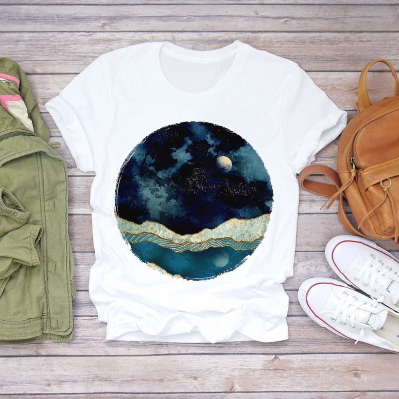 Dream Feather Print Summer Short Sleeve T-Shirts Top Graphic Plue Size