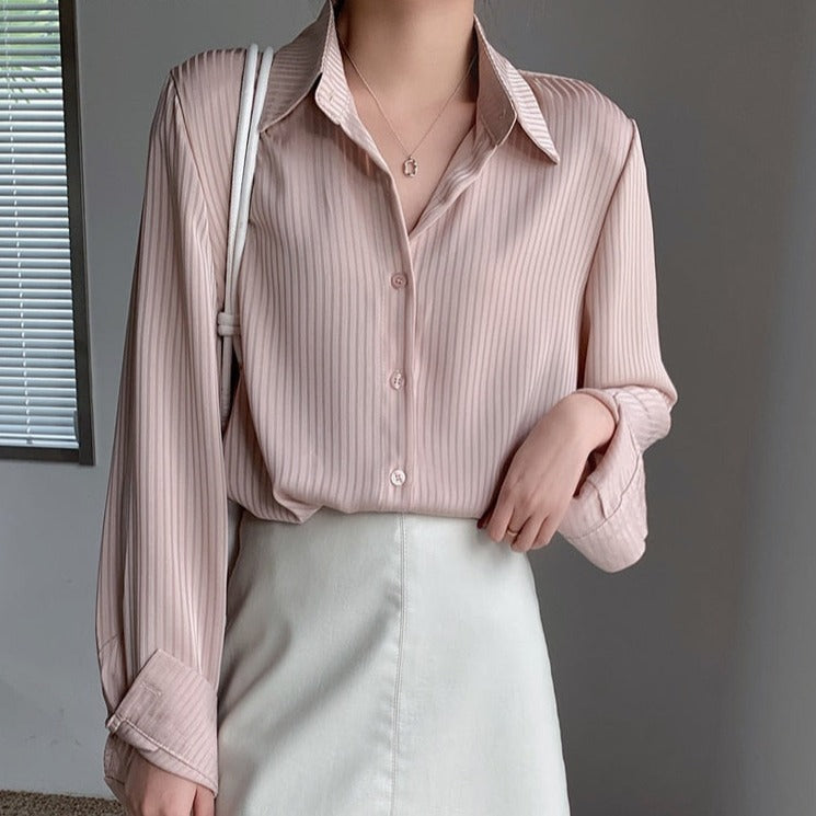 Office Ladies Striped Women Blouses Tops Full Sleeve Loose Shirts