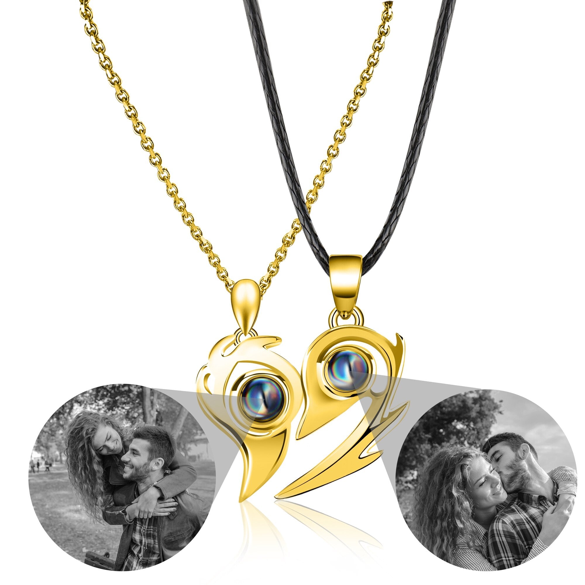 Flame Heart Shaped Custom Photo Projection Couples Necklaces
