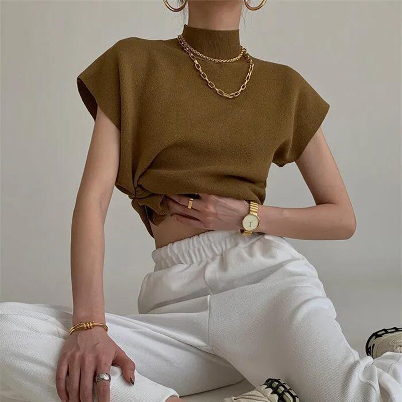 French Turtleneck Knitted Women Spring Summer Design Loose Short Sleeve Cropped Tops Female