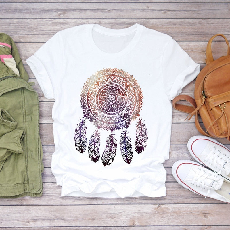 Dream Feather Print Summer Short Sleeve T-Shirts Top Graphic Plue Size