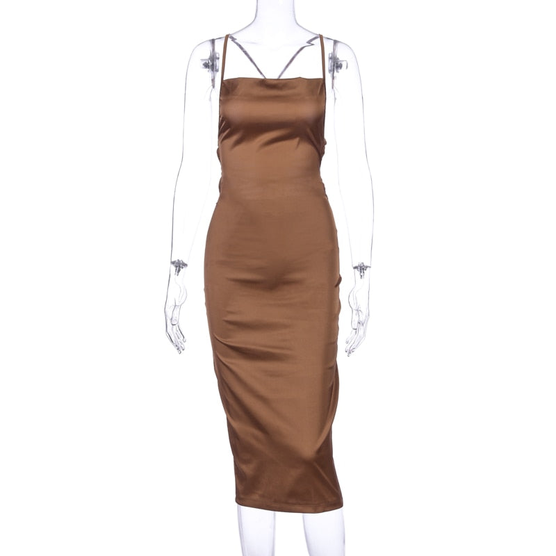 neon satin lace up 2022 summer women bodycon long midi dress sleeveless backless elegant party