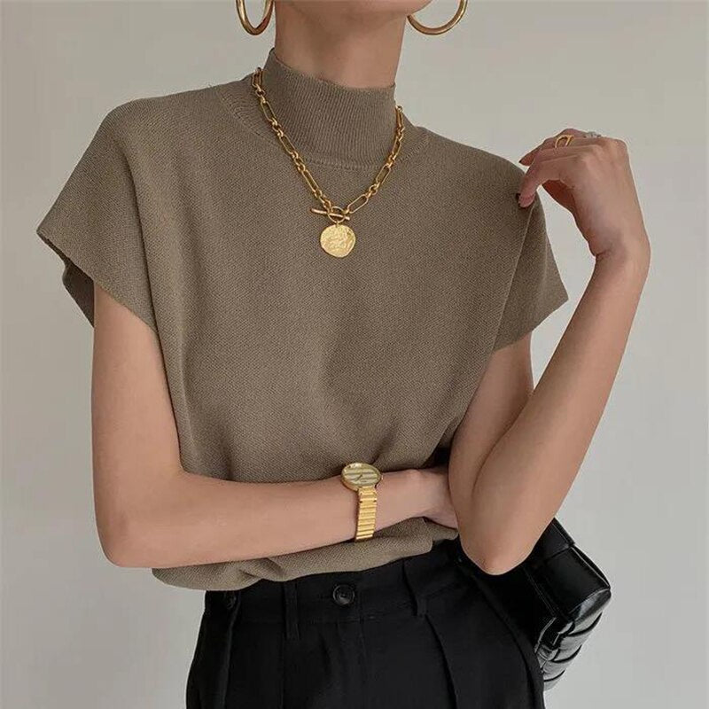 French Turtleneck Knitted Women Spring Summer Design Loose Short Sleeve Cropped Tops Female